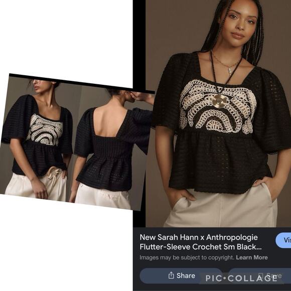 Sarah Hann x Anthropologie Flutter-Sleeve Crochet Black Babydoll Blouse 2x Plus - Picture 1 of 10